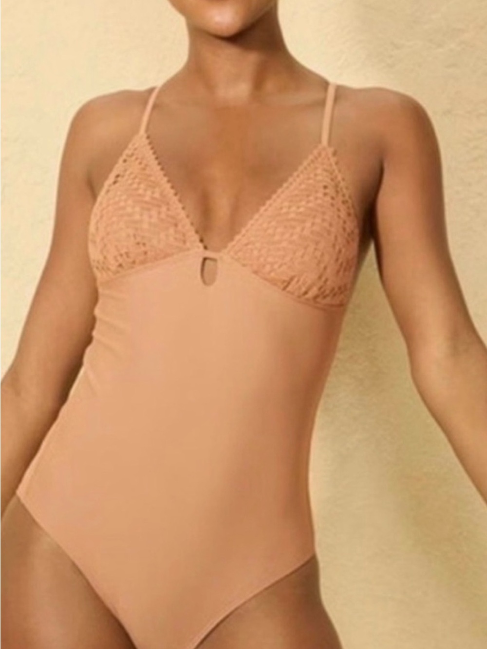 Shade & Shore NWT L TAN - Crochet cut out SEXY Triangle One-Piece Swimsuit